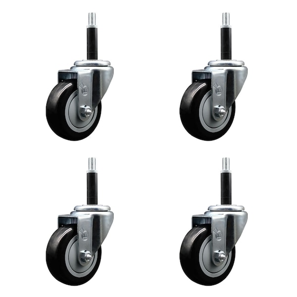 3.5'' SS Black Poly Wheel Swivel 3/4'' Expanding Stem Caster Set, 4PK
